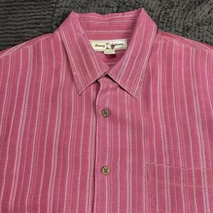 Tommy Bahama Men's Large Button Up Silk Shirt Pink Striped Short Sleeve